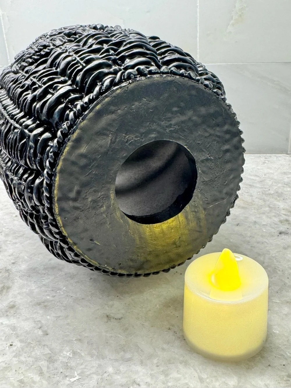 New Halloween RESIN Faux Wicker Black Jack-o'-Lantern Pumpkin w/ Tea Light - 8